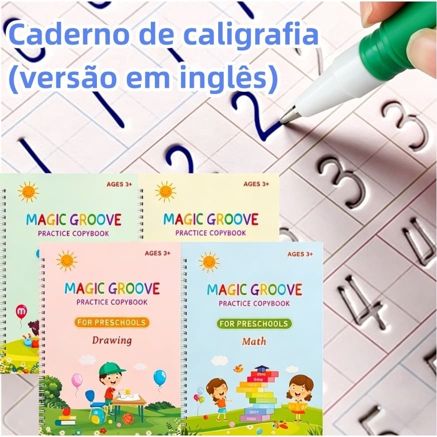 Kit 4 Livros Mágicos Reutilizáveis – Caligrafia Infantil e Aprendizado Divertido | Presente Ideal