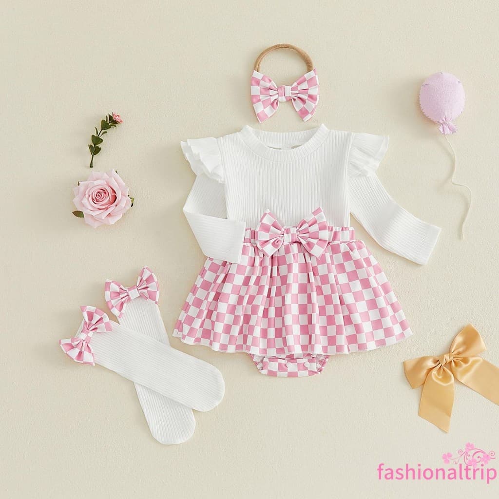 [FaSh] Macacão Xadrez Para Bebês Meninas Manga Comprida + Faixa De Cabeça + Meias Até O Joelho 3 Peças Roupa Outono Inve