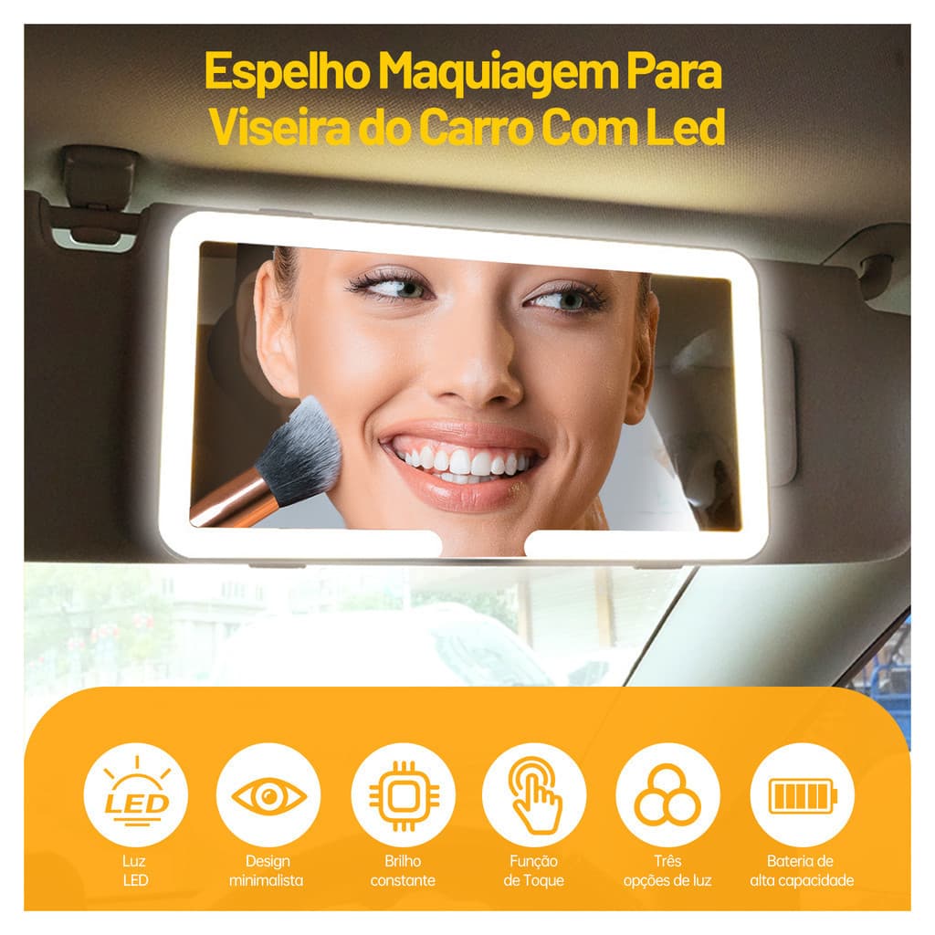 Espelho Com Luz Led Para Carro Maquiagem Recarregavel 3 Tonalidades Quebra Sol Portatil Envio Imediato Estoque Brasil