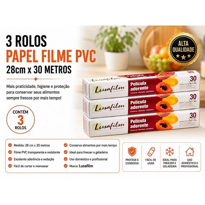 kit 3 Papel Filme PVC 28cm x 30 Metros Lusafilm Original – Proteção e Conservação para Alimentos