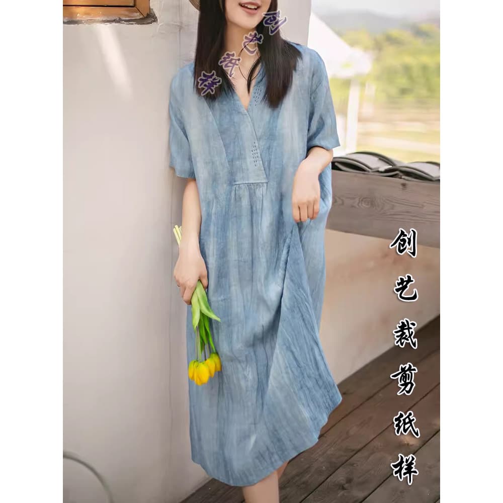 Padrão de corte de roupas E58 verão novo estilo vestido literário textura linho solto mais magro olhar saia longa padrão