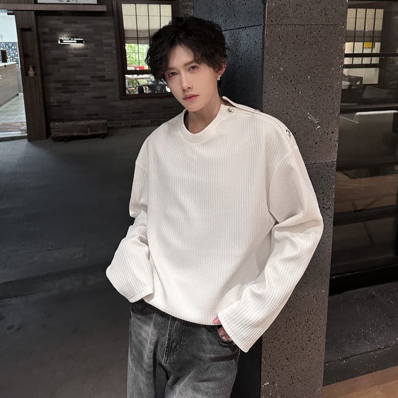 Primavera Design pesado textura Crinkle manga comprida camiseta masculina Casual versão coreana estilo preguiçoso listra