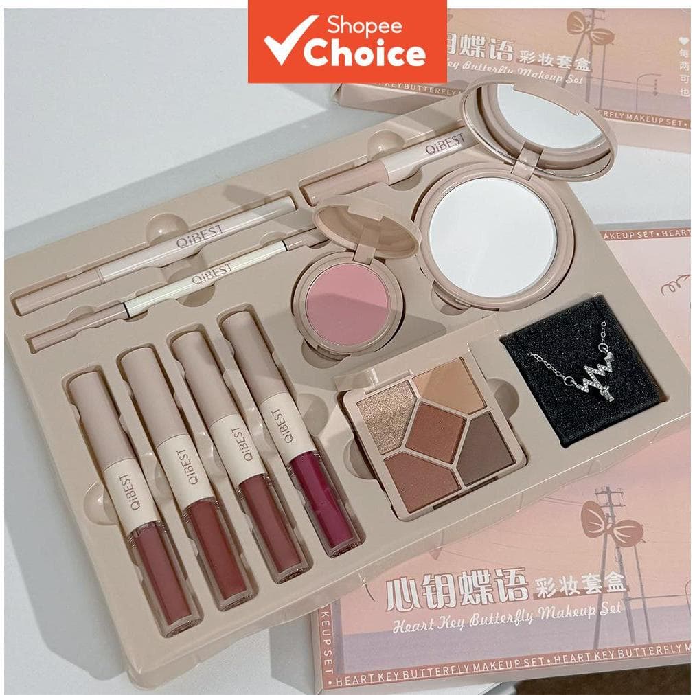 Conjunto de Maquiagem QIBEST New Heart Key Butterfly, Batom Gloss, Blush, Sombra, Lápis de Sobrancelha e Delineador, Kit