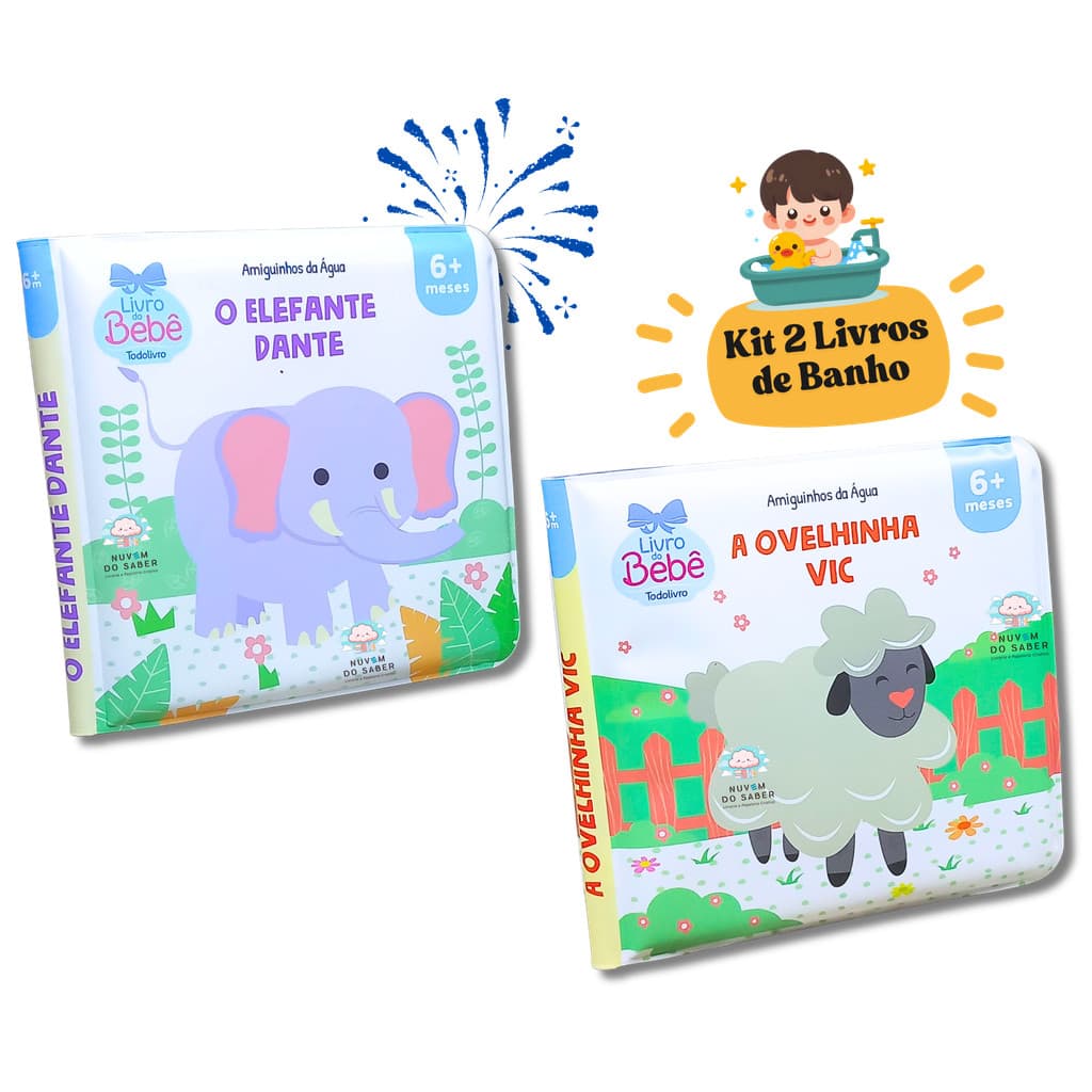 Kit 2 Livros de Banho Amiguinhos da Água: Elefante Dante e Ovelhinha Vic
