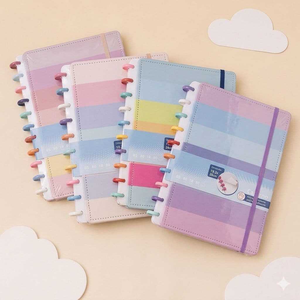 Caderno Inteligente Arco Íris Colorido B5/A4 com 10 ou 11 Discos Reposicionáveis