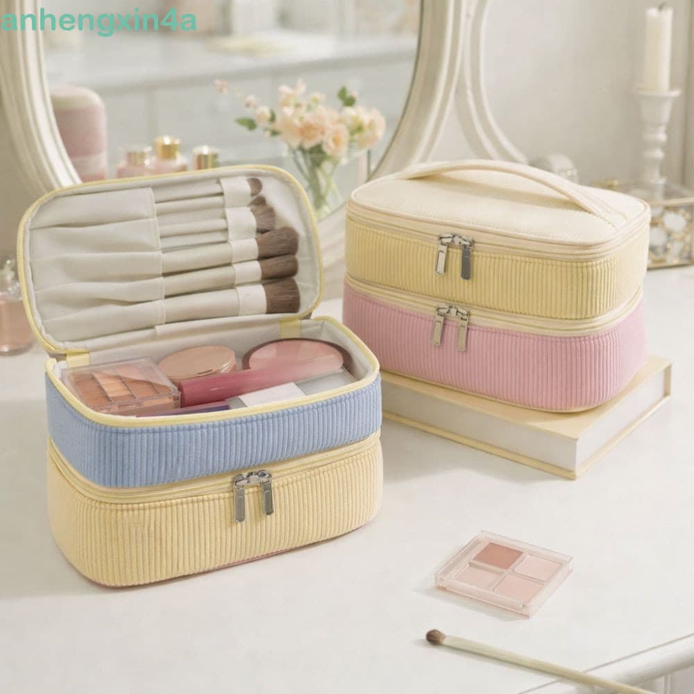 Bolsa de armazenamento de dupla camada Anhengxin, bolsa de maquiagem de veludo, equipada com zíper macio, portátil e hig