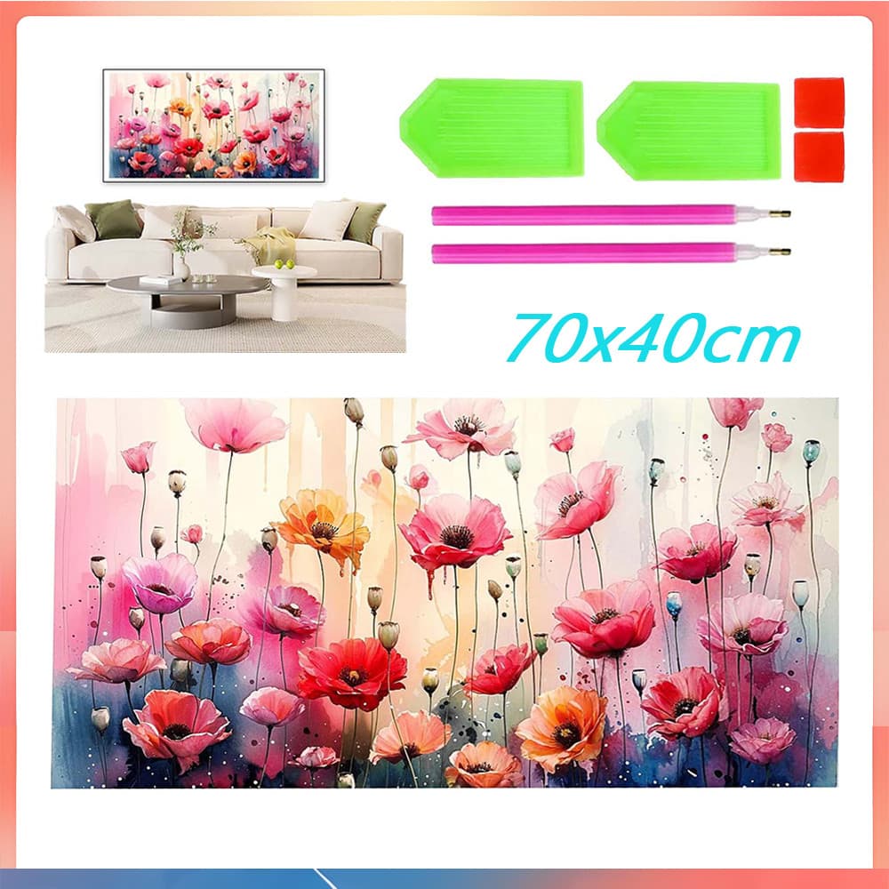 Conjunto de pintura com diamantes quadrados  70 x 40 cm - Flores - Pintura com diamantes DIY