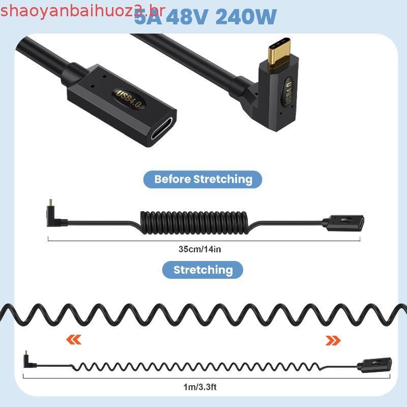 Cabo Extensor USB 4.0 Tipo-C Retrátil com Mola, Plug 90°, 40Gbps, 240W PD, 8K@60Hz, Compatível com Thunderbolt 4/3, 1.2m
