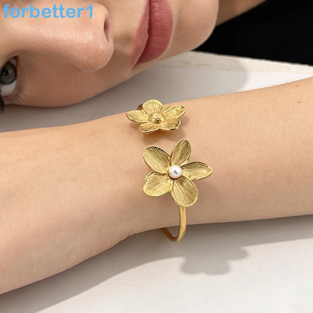 Pulseira Vintage Elegante FORBETTER, Pulseira Floral de Metal à Prova d'Água, Anel de Braço Aberto em Aço Inoxidável 1GR