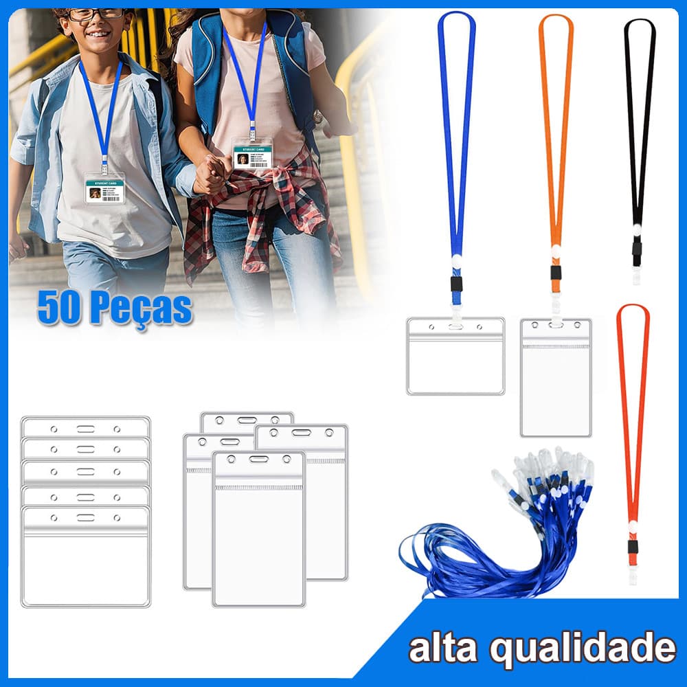 50 porta-crachás  porta-cartões de identificação com  cordão de protetora de crachás impermeável e resselável