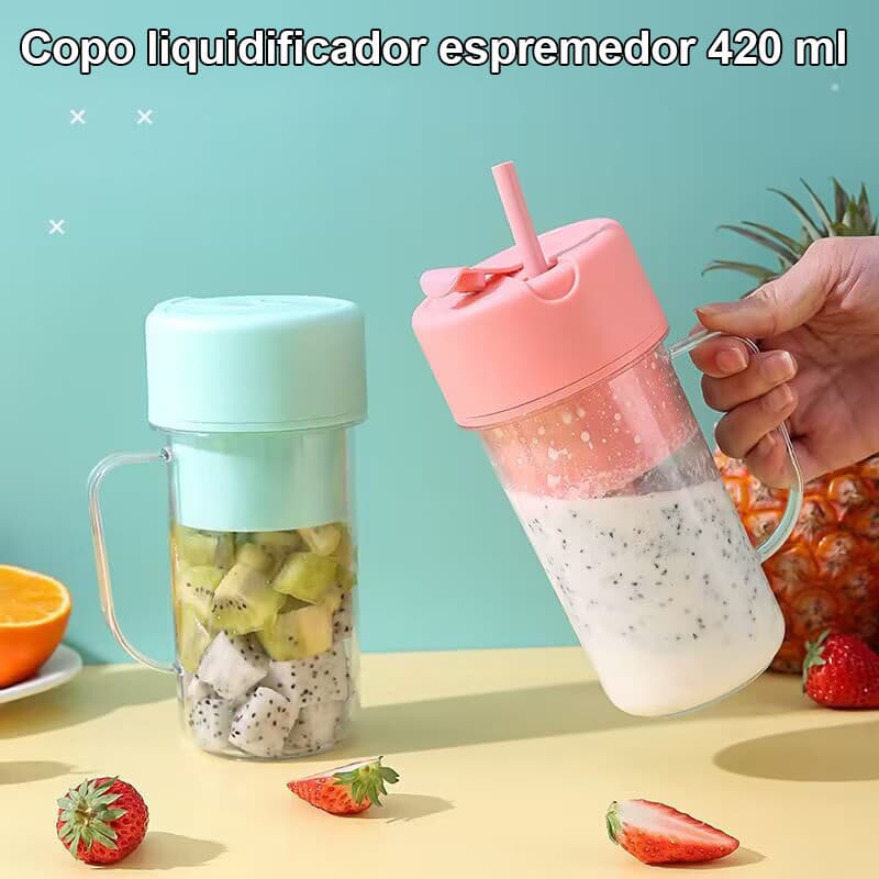 Liquidificador Portátil Caneca Espremedor com Tampa de 6 Lâminas e Copo com Canudo Recarregável para Smoothies Viagem