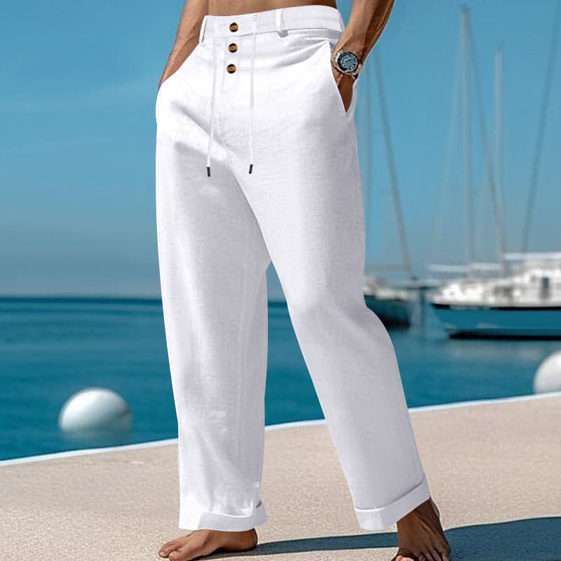 Masculino novo estilo elegante em linha reta algodão linho amarrado praia cintura alta calças casuais