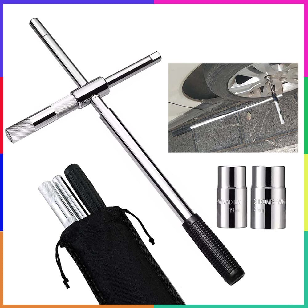 5 Peças Chave de roda estendida de com bolsa de armazenamento, chave de porca de roda de 4 vias com soquetes padrão