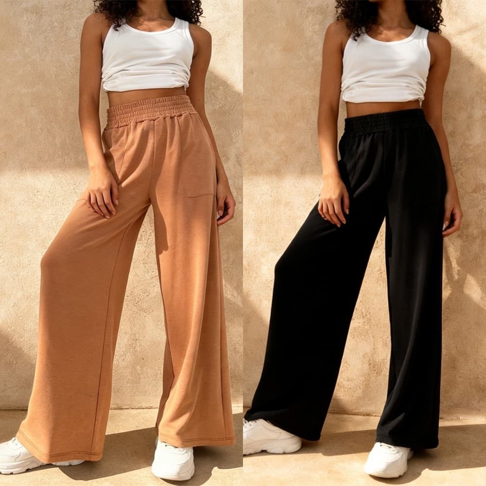 KIT 2PCS Calça Moletinho Pantalona Wide Leg Com Bolso Com Elastano Cintura Alta Basica Comprido