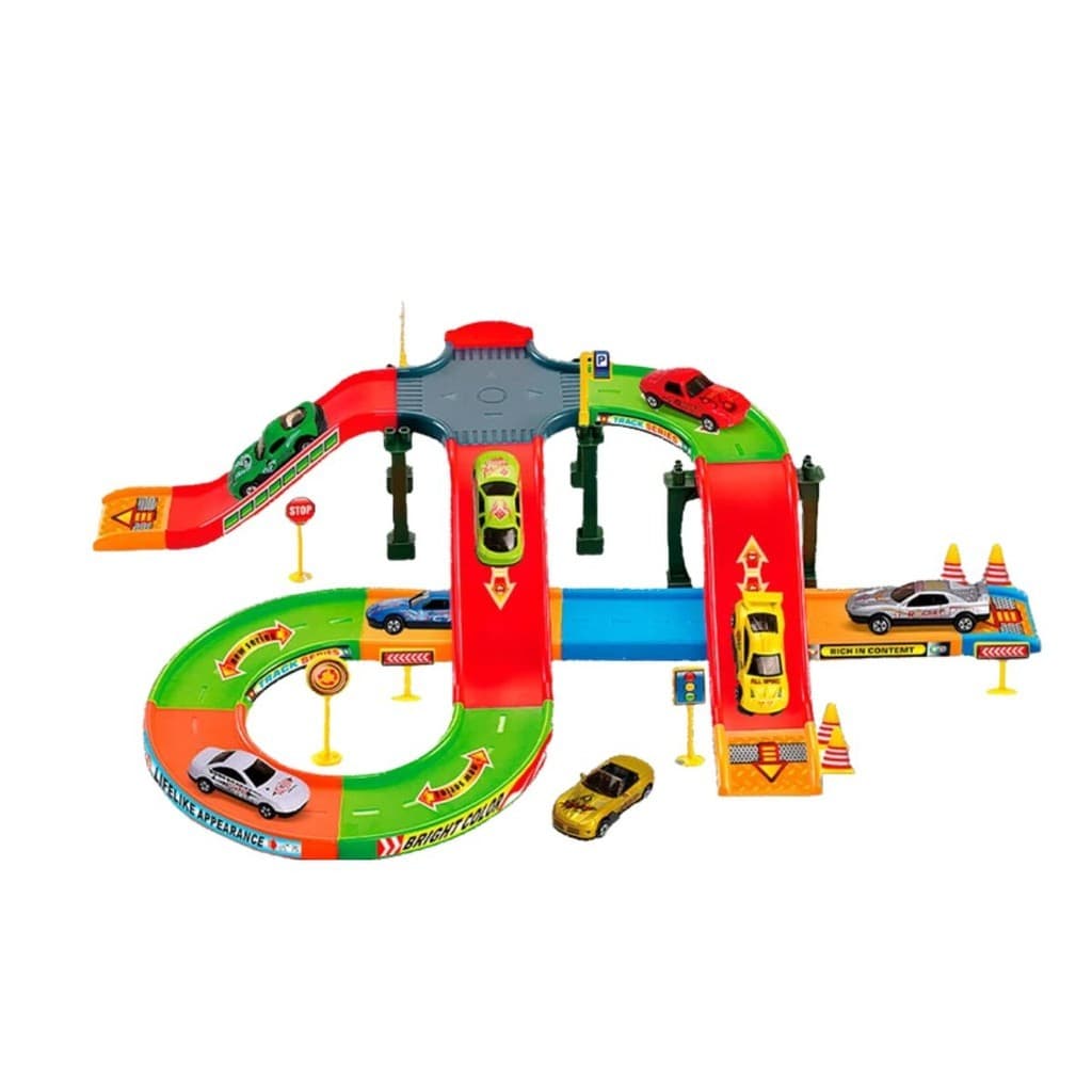 Pista de Carrinhos 2 Andares com Rampa Colorida Diversos Acessórios de Sinalização de Trânsito