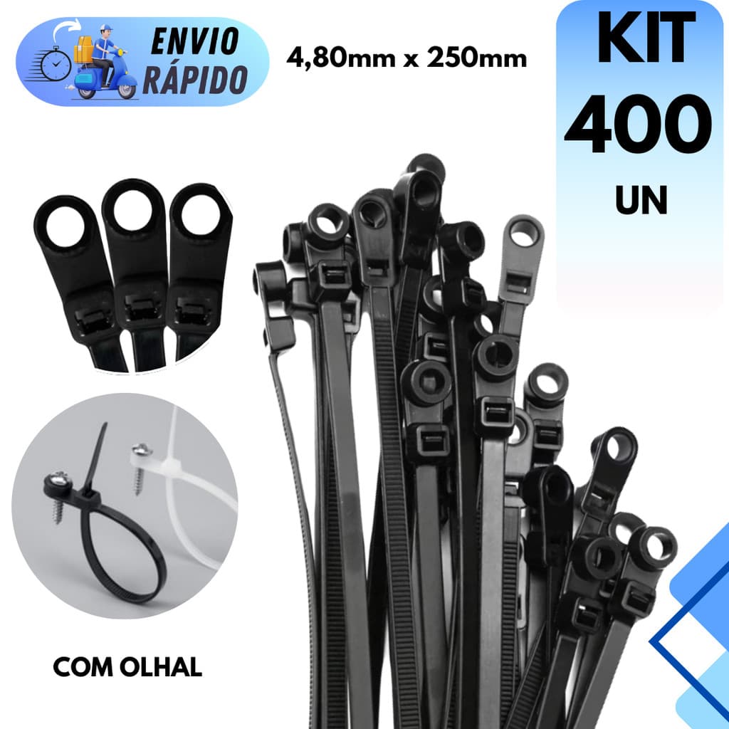 KIT 200 A 400 ABRAÇADEIRA COM OLHAL ENFORCA GATO 4,80MMX250MM NYLON PRETA RESISTENTE