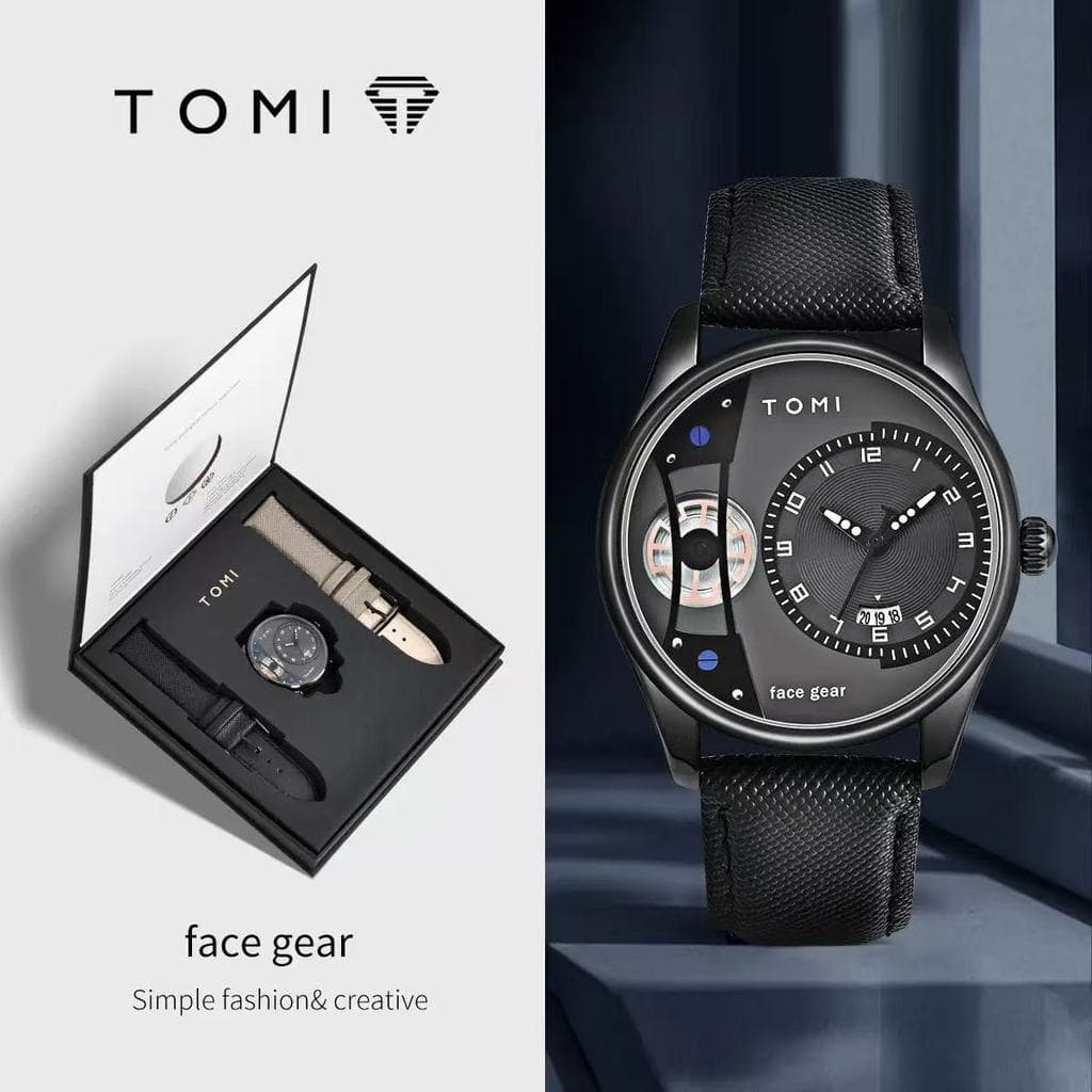 Relógio masculino TOMI com pulseira couro, design elegante de negócios, acompanha caixa de presente
