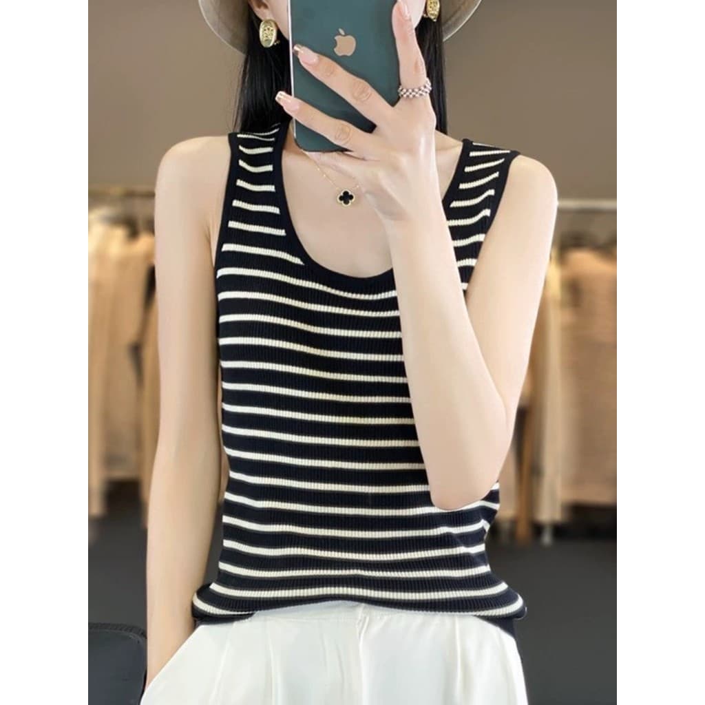 Camisola listrada feminina de tamanho grande, roupa interna de verão 2024, novo estilo, Slim fit, aparência mais fina, f