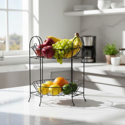 Fruteira De Mesa Dois Níveis Em Metal Preto Com Design Aramado Moderno E Elegante