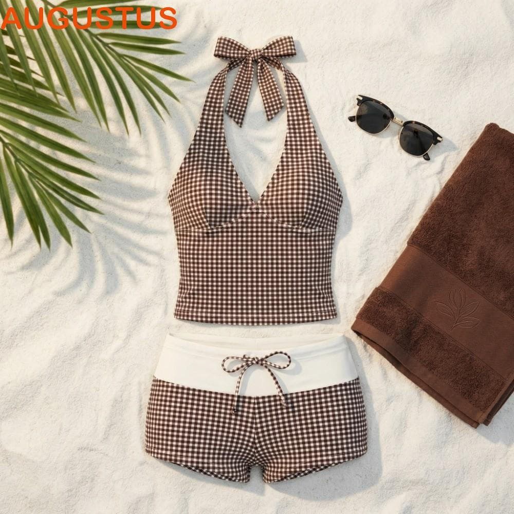 AUGUSTUS Biquíni De Duas Peças , Conjunto De Roupa De Banho Listrada Y2k Com Gola Halter , Maiô Xadrez De Verão Slim Fit
