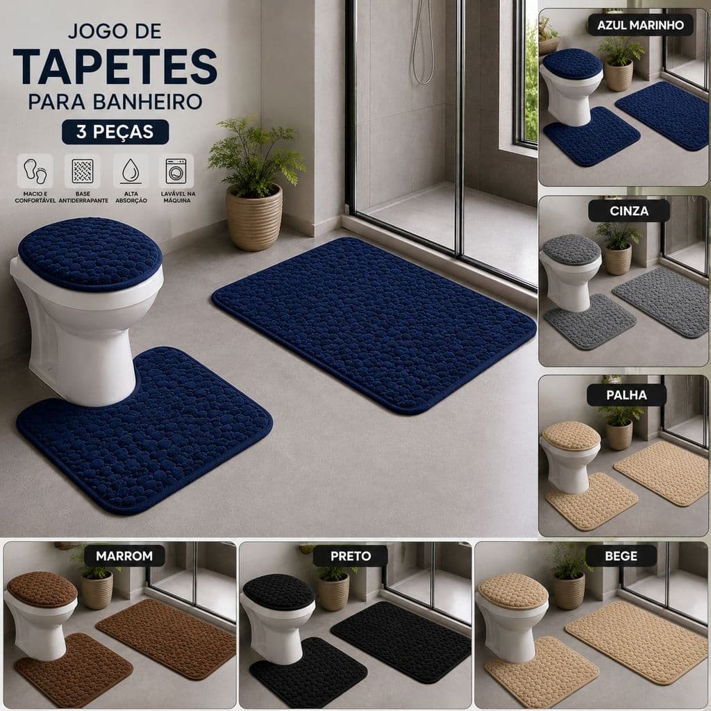 Jogo de Banheiro Antiderrapante Conjunto De Tapetes 3 Peças Premium Alto Relevo