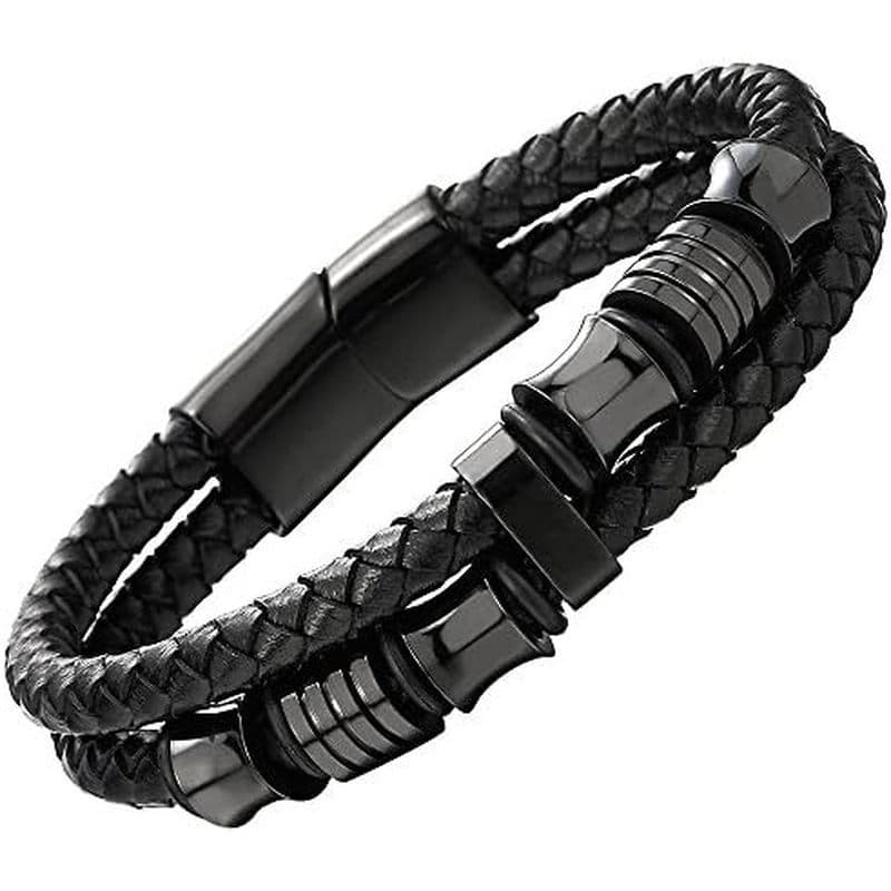 COOLSTEELANDBEYOND Pulseira Masculina De Couro Trançado De Fileira Dupla Com Enfeites De Aço Inoxidável Preto