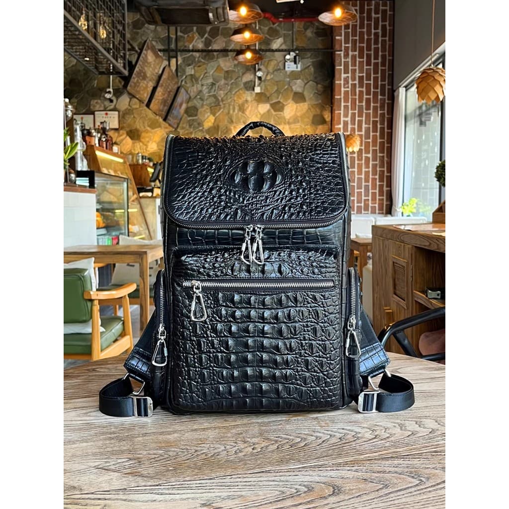 Wolf Road: Crocodilo Padrão Couro Genuíno Primeira Camada de Couro Mochila para Computador Bolsa de Viagem de Grande Cap