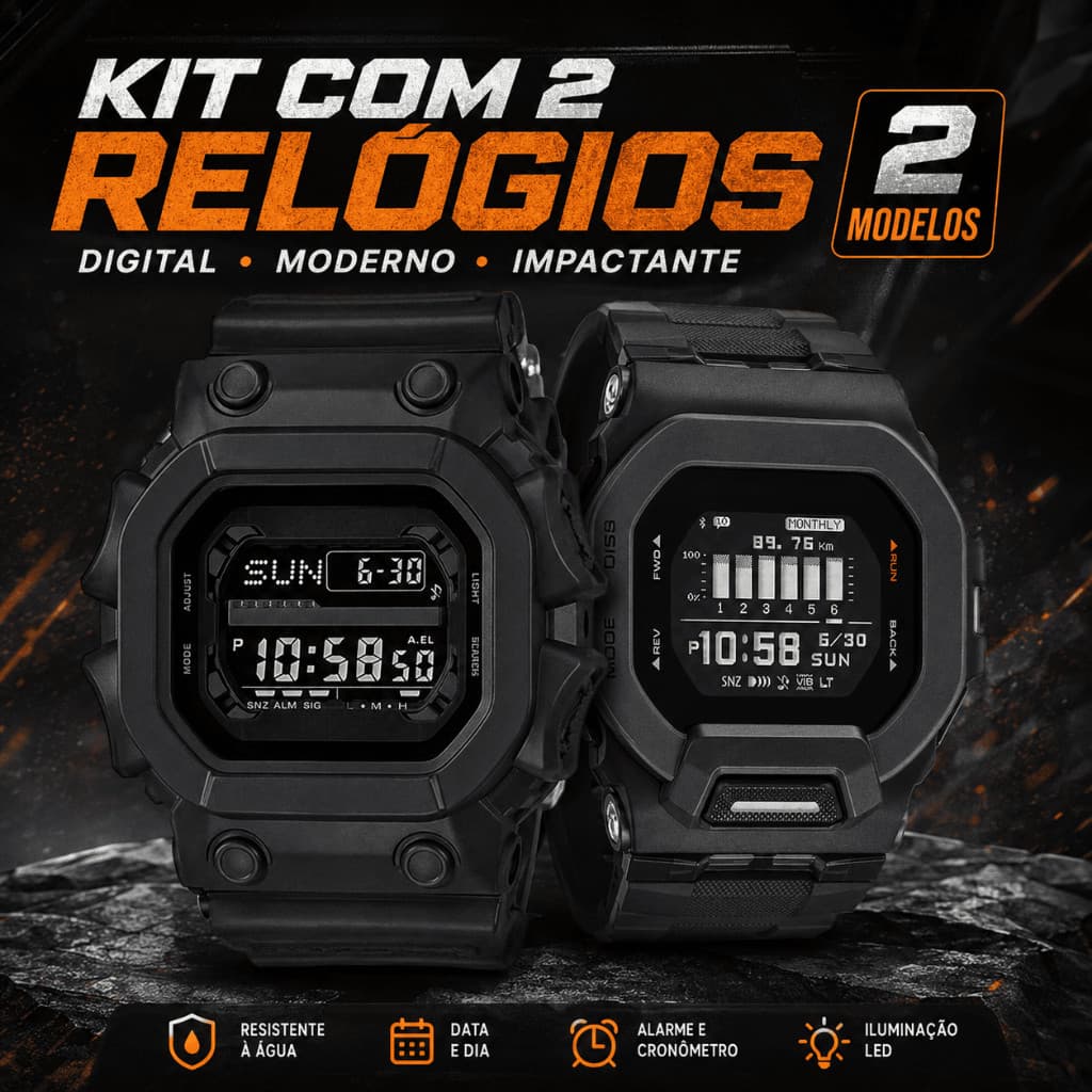 Kit 2 Relógios Masculino Digital Esportivo Prova Dágua Preto Pulseira Silicone Led Cronômetro Alarme