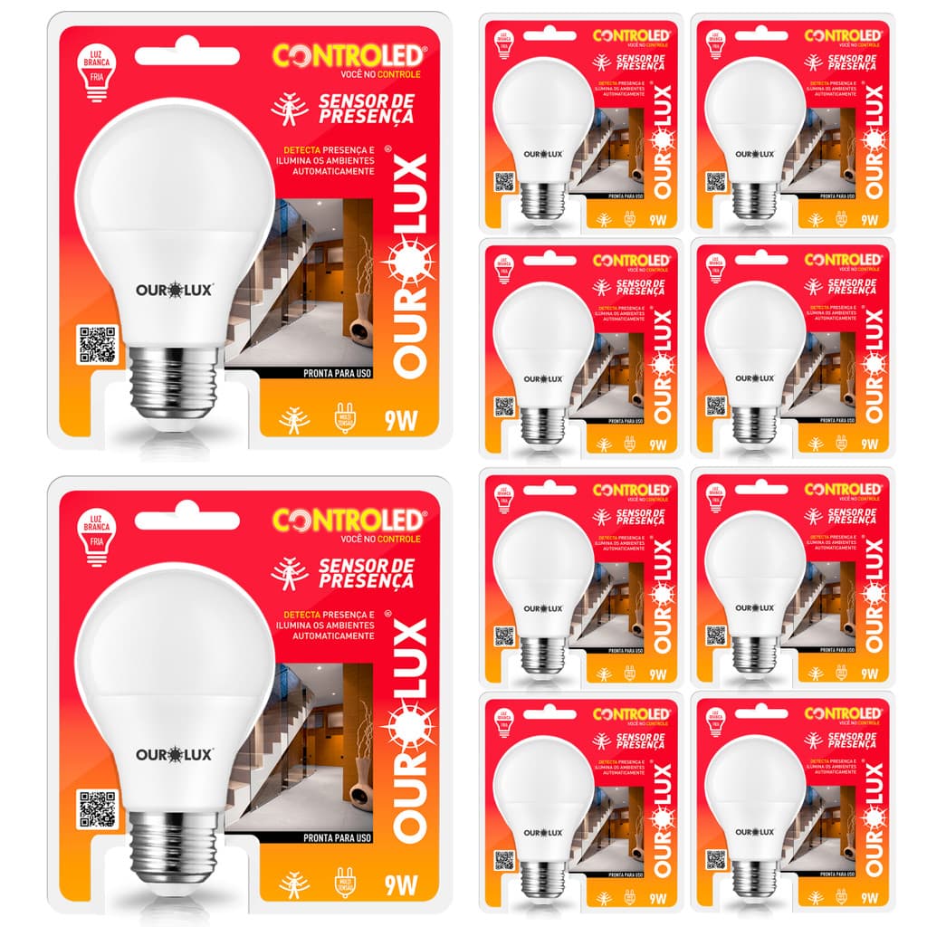 Kit 10 Lâmpada c/ Sensor de Presença Luz Branca Fria 6500k