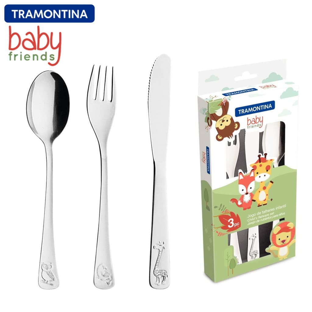 Jogo de Talheres Infantil 03 Peças Tramontina Baby Friends Aço Inox