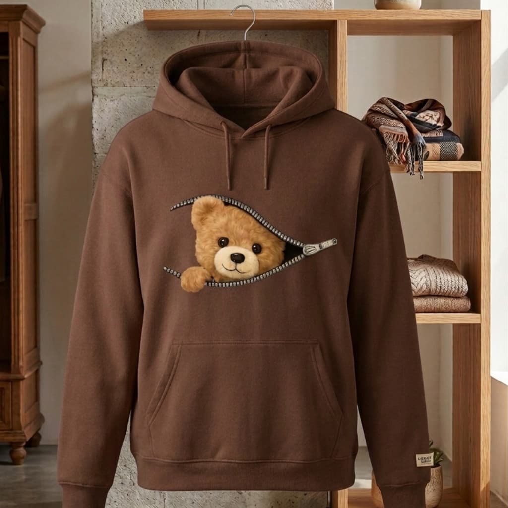 Moletom Casaco Canguru unissex Flanelado Estampa ursinho Com Capuz e Bolso blusa de frio Inverno