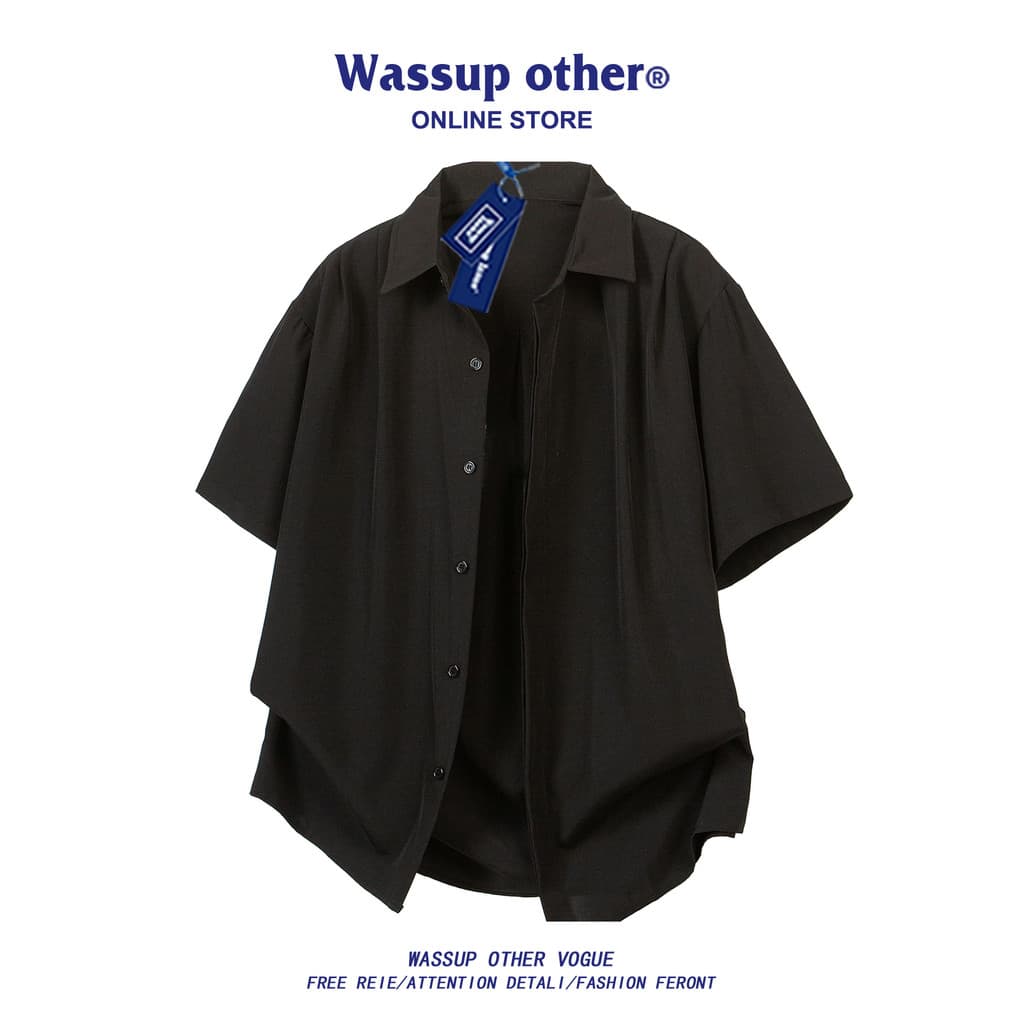 WASSUP OUTRO Camisa de manga curta de seda gelada de cor sólida masculina verão fina solta rufião bonito camisa de meia