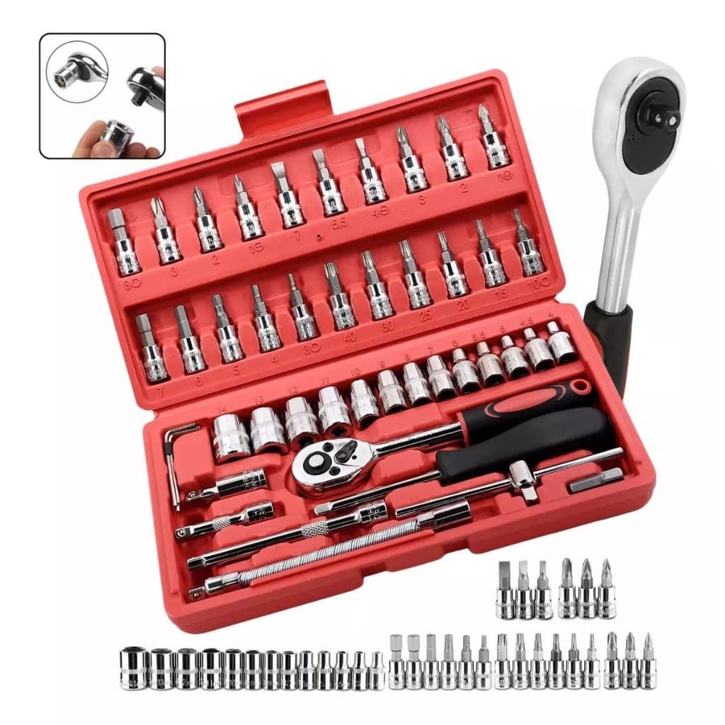 Kit De Ferramentas 46 Peças Jogo De Soquetes Chave Catraca Reversível Com Maleta Jogo De Ferramentas Completo