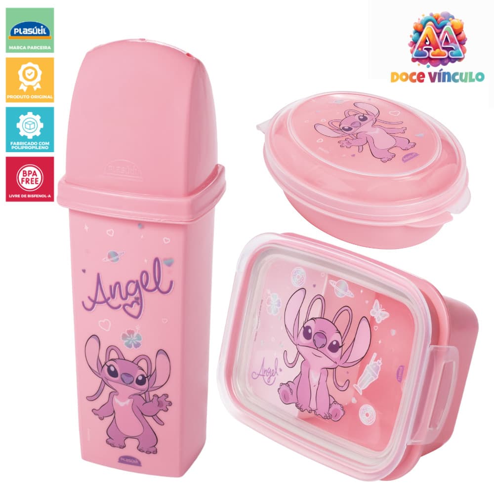 Kit Marmita Angel Rosa Infantil Saboneteira Porta Escova Dentes Disney Volta as Aulas Plasutil