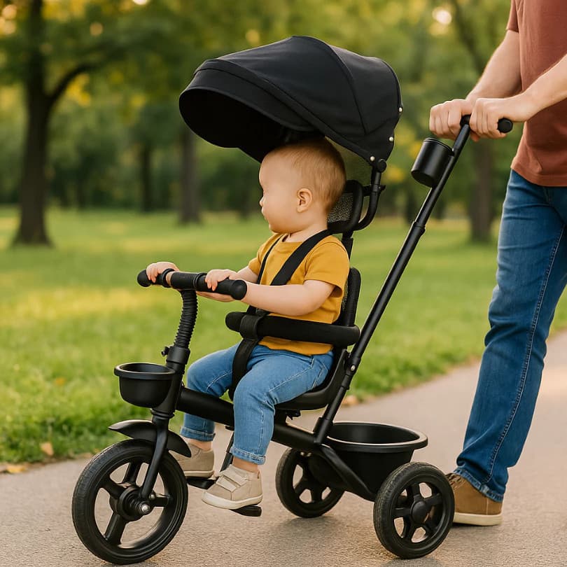 Triciclo Empurrador Vetrol Andador Bicicleta Preto Motinha Quadriciclo Proteção Sol Passeio Carrinho