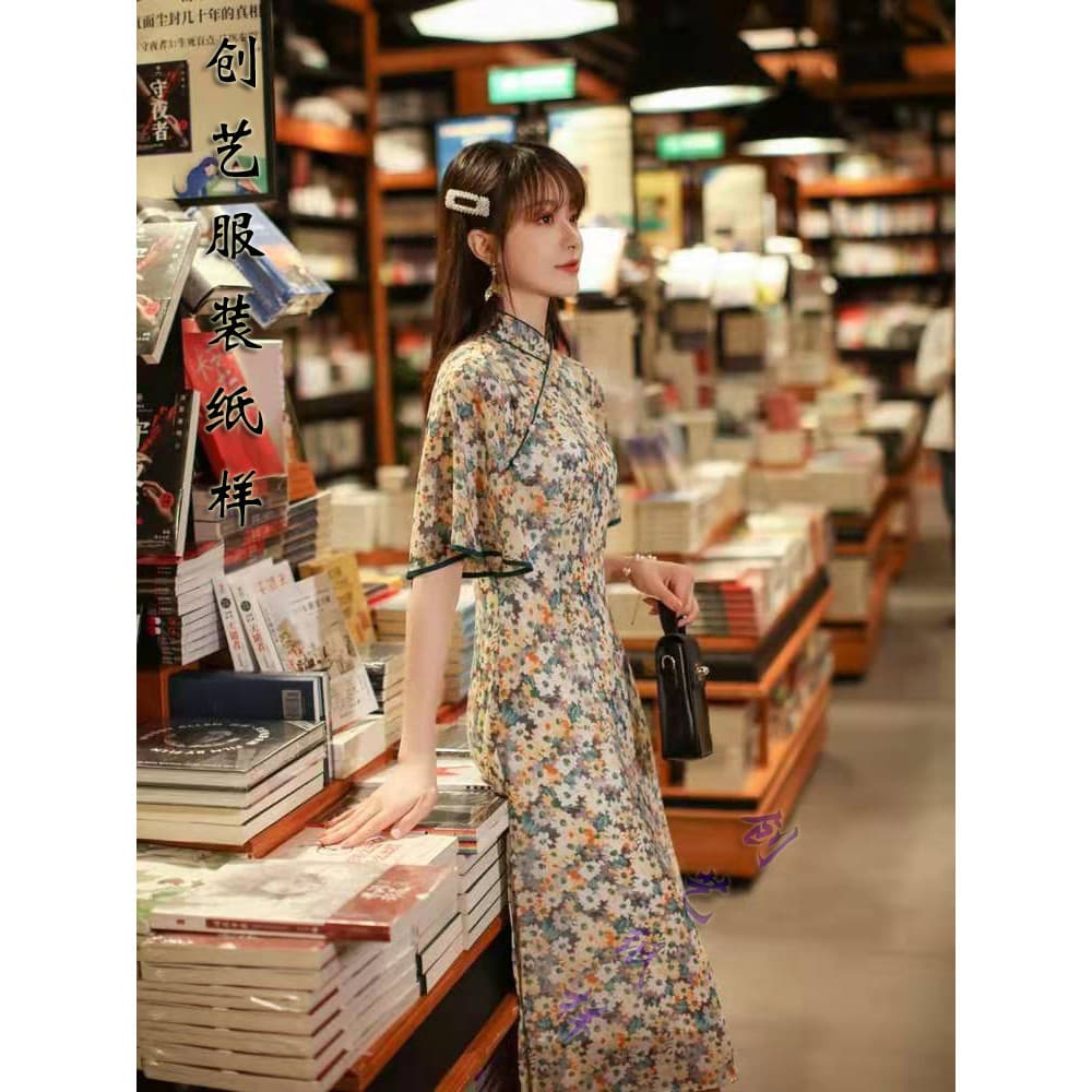 Cheongsam Padrão C148 Melhorado Folha de Lótus Manga Comprimento Médio Verão Retro Vestido Corte Modelo de Roupas