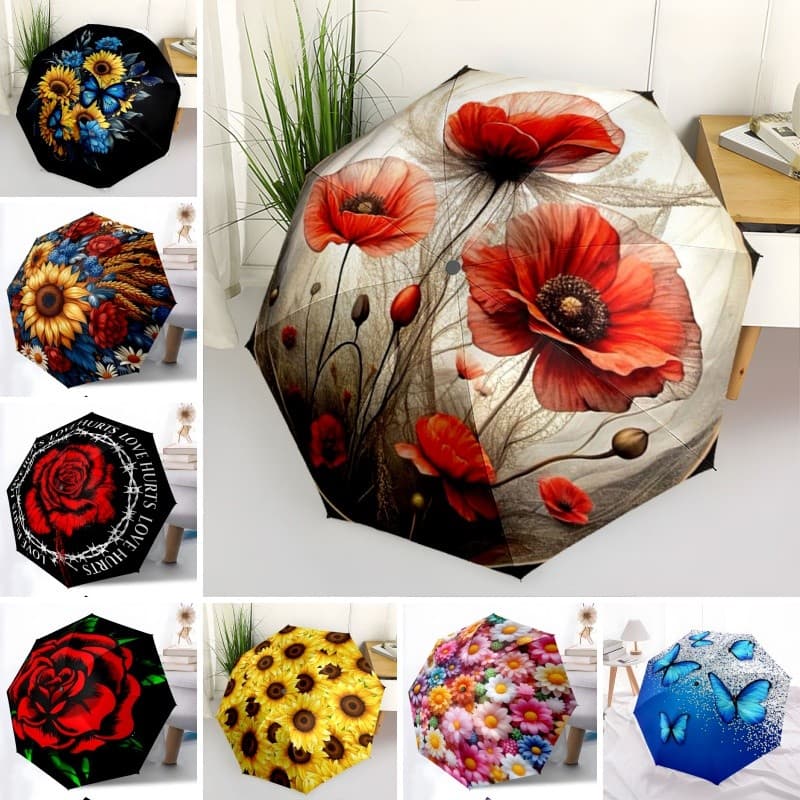 Elegante Guarda-Chuva Floral Dobrável UPF50 + Anti UV À Prova De Vento Leve Ajuste Bolsa