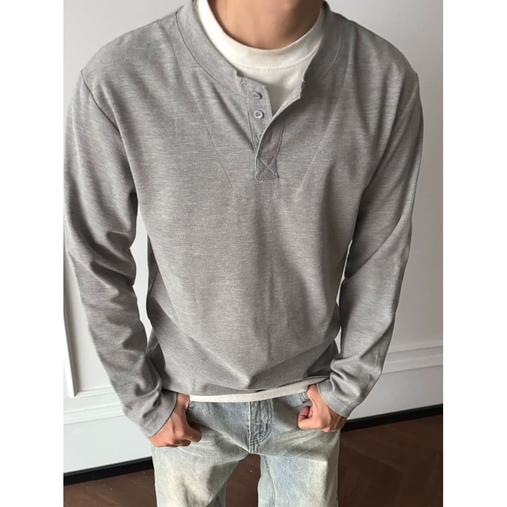 Americano falso moletom de duas peças masculino gola dupla camada Design solto manga comprida Henry colarinho camiseta