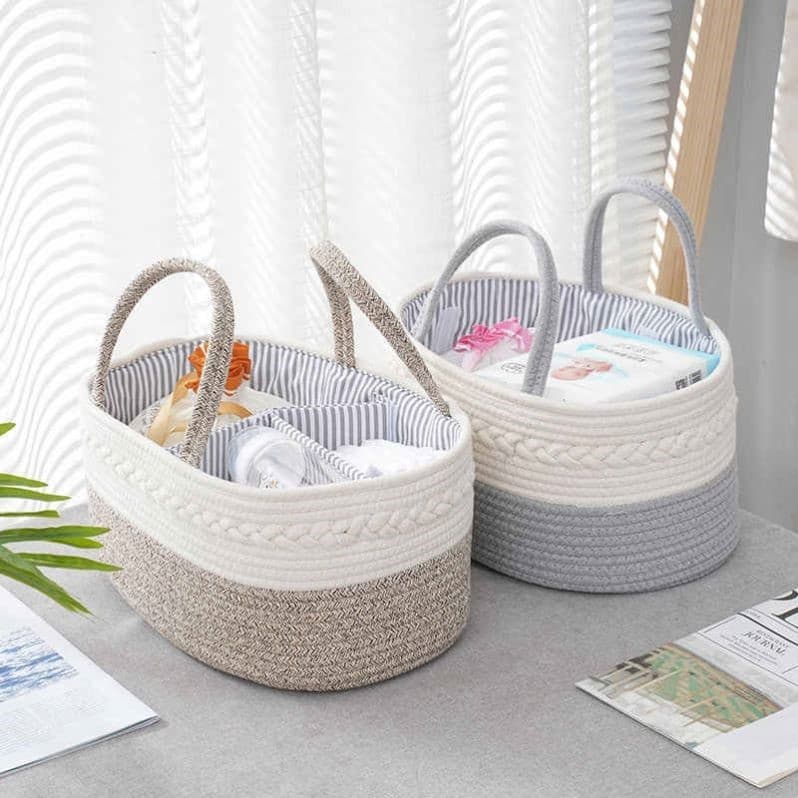 Cesta de armazenamento de saco de bebê, cesta de armazenamento portátil compartimentária, cesta de armazenamento especia