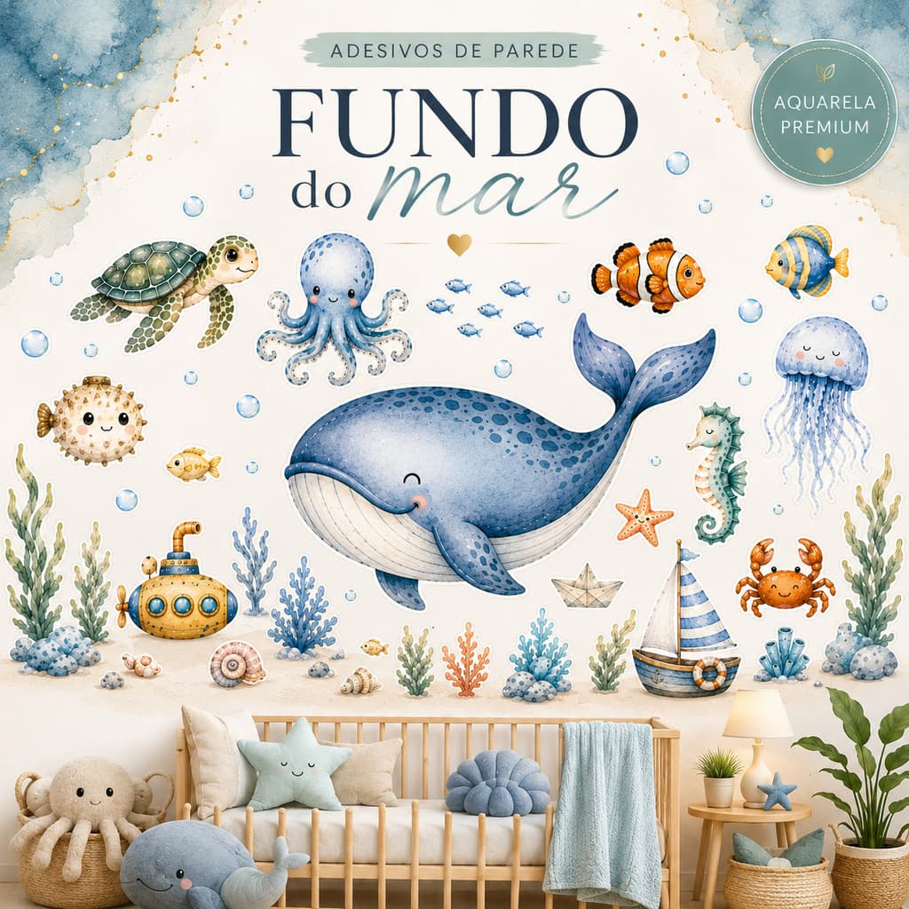 Adesivo de Parede Fundo do Mar Infantil Aquarela Baleia e Peixinhos Decorativo Quarto Bebê Menino Menina