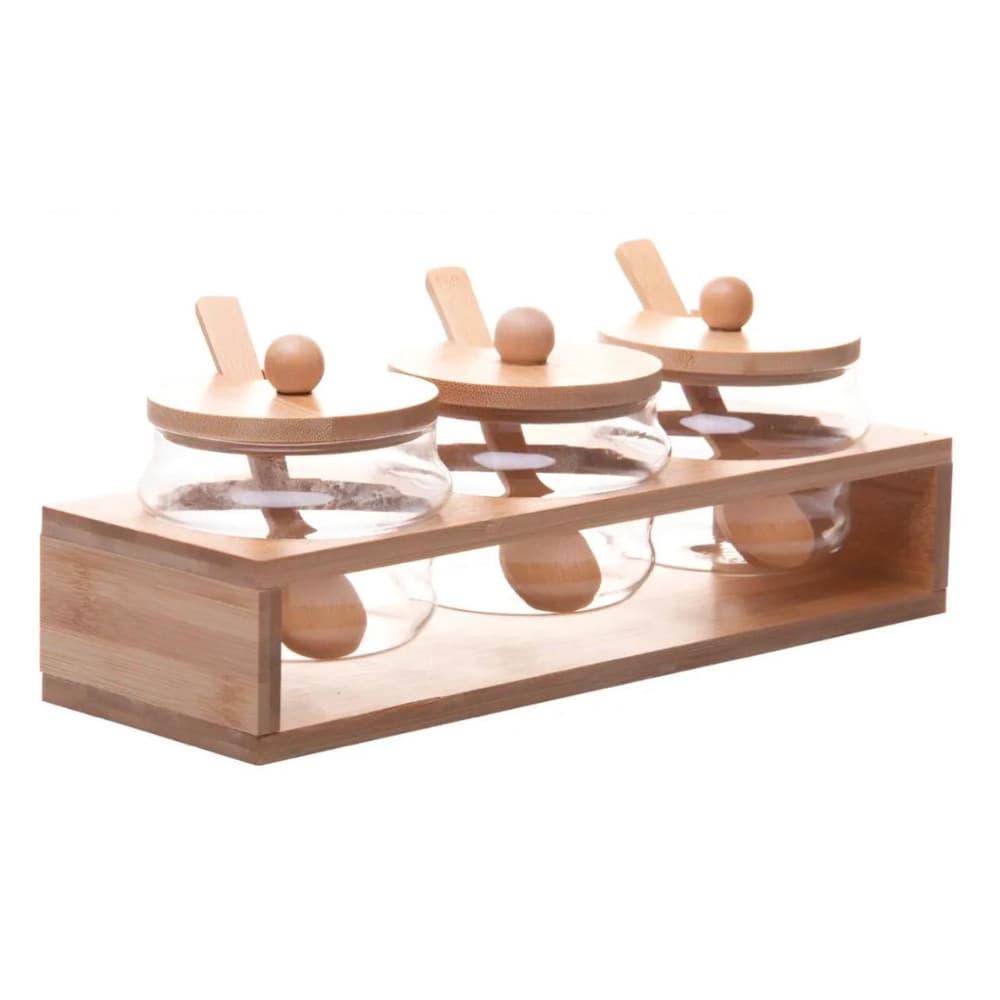 Kit 3 Potes Vidro 280ml Tampa Bambu Colher Rack Organizador