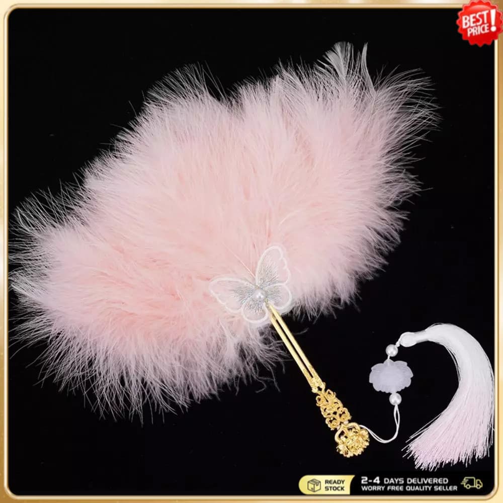 Ventilador De Mão De Penas Rosa Com Borboleta | Estilo Chinês Para Hanfu E Cosplay