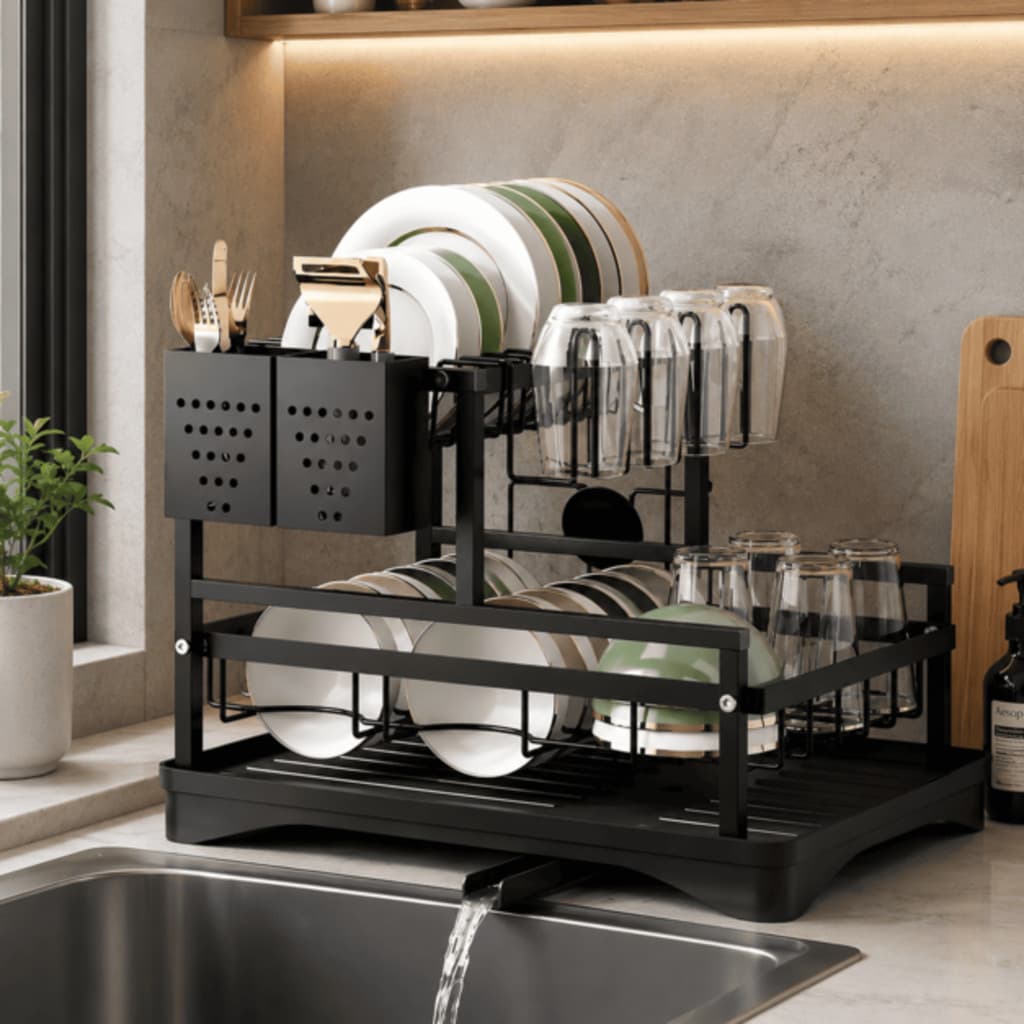 Mega Escorredor De Louças com 2 Andares Preto Aço Carbono Organizador Premium