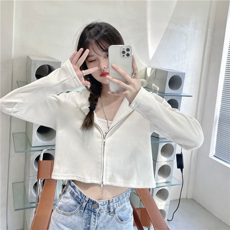 Cardigan curto com capuz jaqueta curta feminina pequena primavera outono versão coreana All-Match solto superior inferio