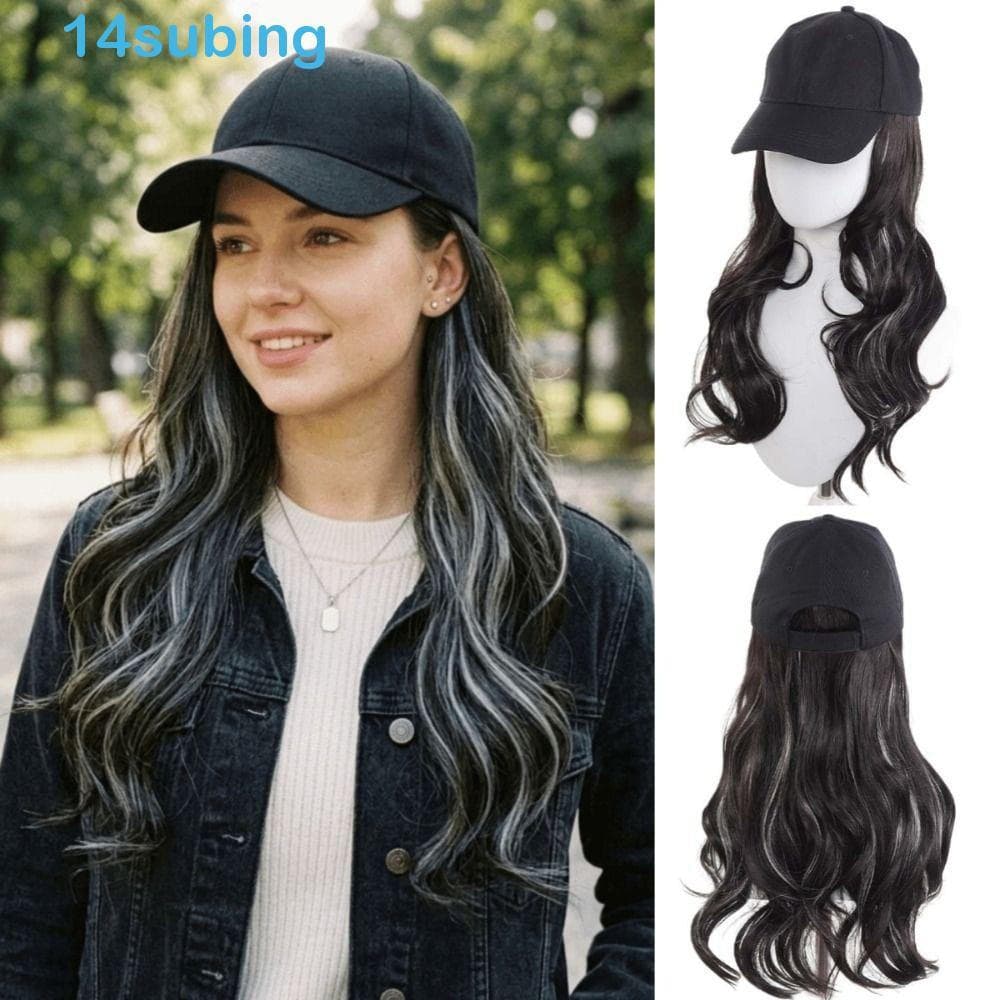 SUBING Perucas De Cabelo Longo Encaracolado Ondulado , Peruca De Boné De Beisebol Preto De 20 Polegadas Chapéu Ajustável