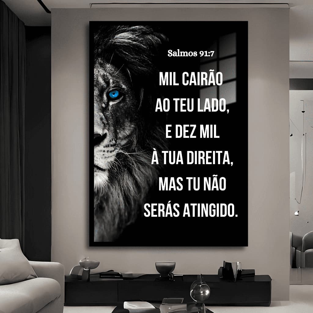 Quadro Decorativo Leão Preto e Branco Grande Salmos 91:7 Fé Religioso Sala