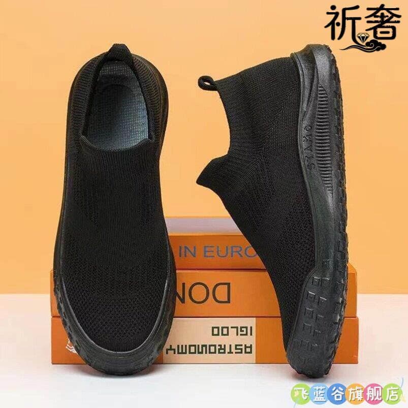 Todos os sapatos masculinos pretos verão malha respirável meias de malha sapatos masculinos deslizamento-On pneu sola re