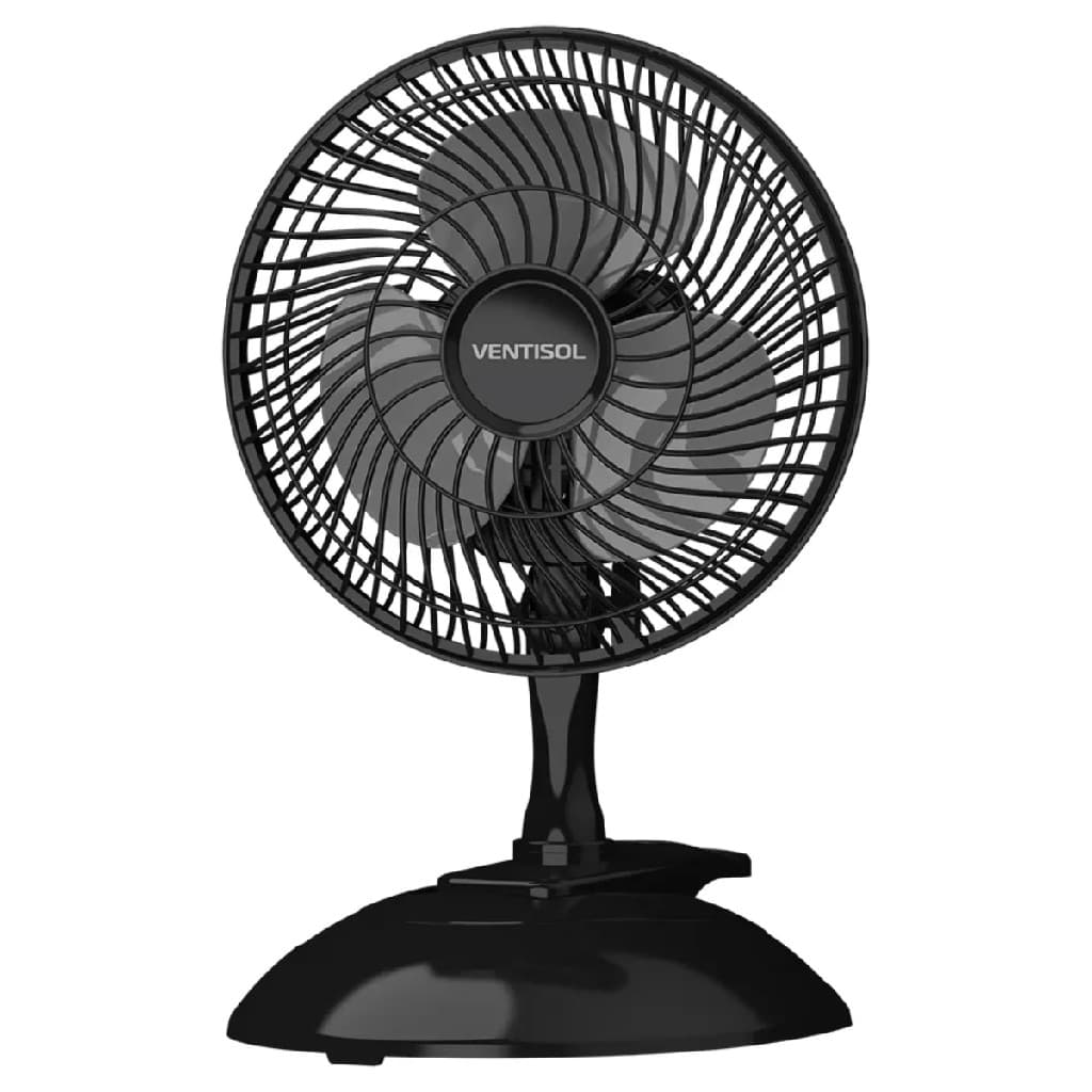 MIcro Ventilador de Mesa Preto C/ Pás Cinza  20cm Opções de Base ou Clipe, Chave de controle