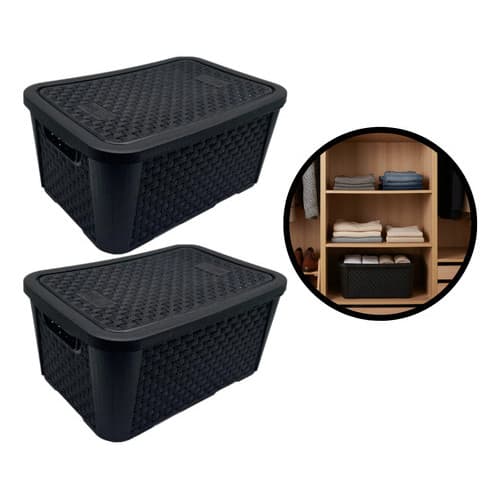 2 Caixas Organizadoras Rattan Preto 13x19x28 Tampa Pequeno Preto Rattan
