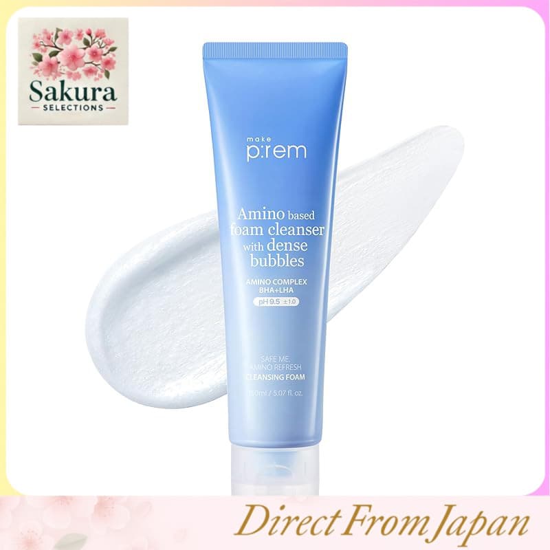 Espuma de Limpeza Facial Make Prem Safe Me Amino Refresh 150ml - Suavemente Alcalina - Remove Cravos, Sebo e Poros - Baixa Irritação - Ideal para Peles Sensíveis - Cuidados com a Pele Coreanos - Cosméticos Coreanos